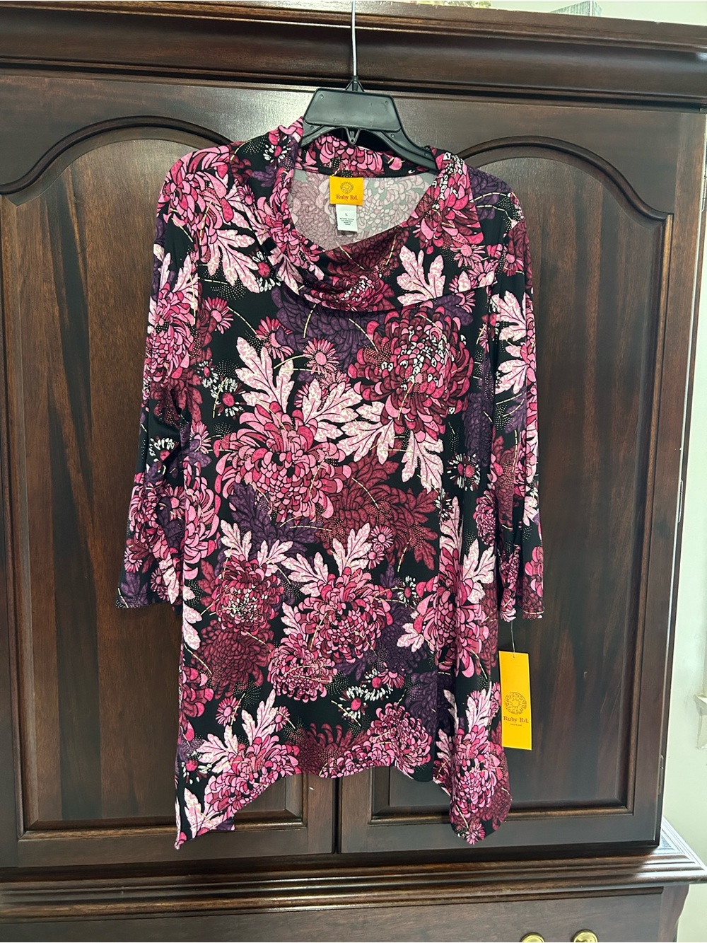 NWT RUBY RD. Floral Cowl Neck Women’s Top - Pink & Black